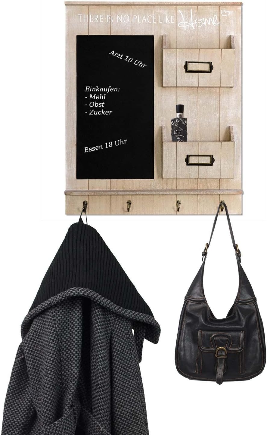Wandorganizer - Memoboard mit Kreidetafel, Schlüsselbrett und 2 Holztaschen, 61x50x6cm